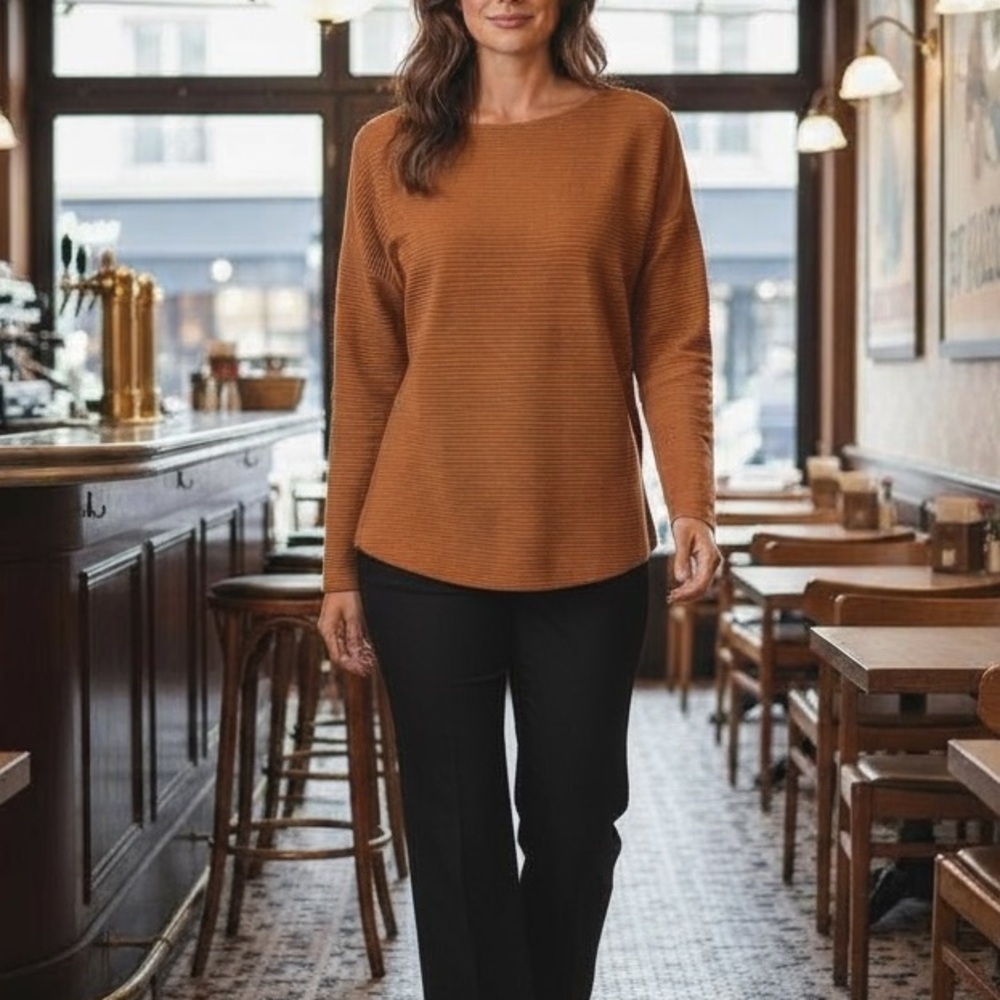 Bar III Ribbed Knit Cropped Long Sleeve Cognac Brown Womens size XS Top